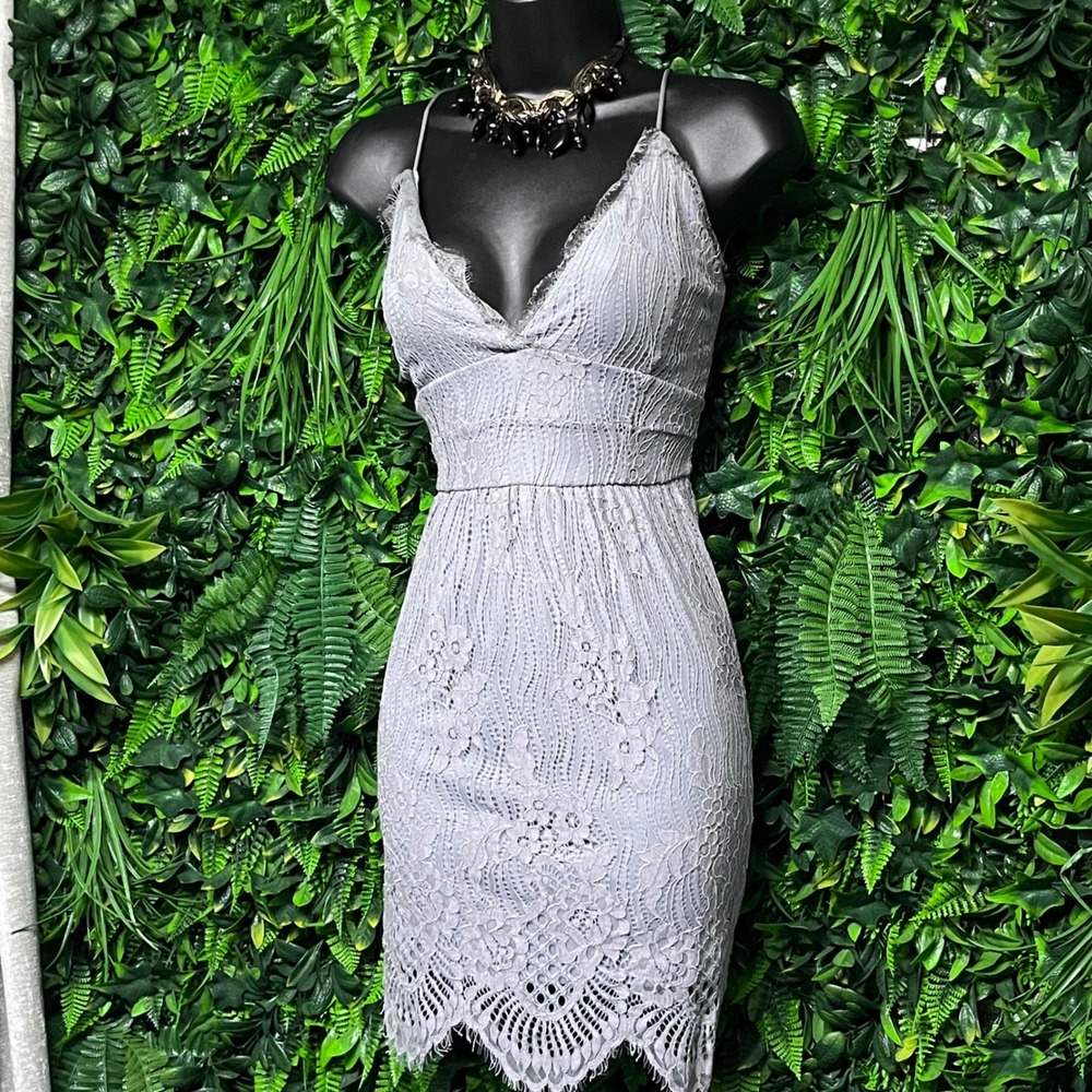 Lace Dress XS Gray Floral Lace Bodycon Mini Lace Up‎ Back 3722